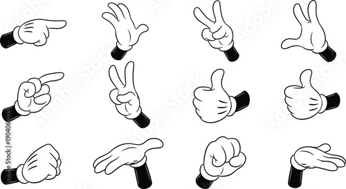 Cartoon gloved hands set with various gestures like pointing, thumbs up, victory sign, fist, and open palm in classic retro animation style isolated on white background.
