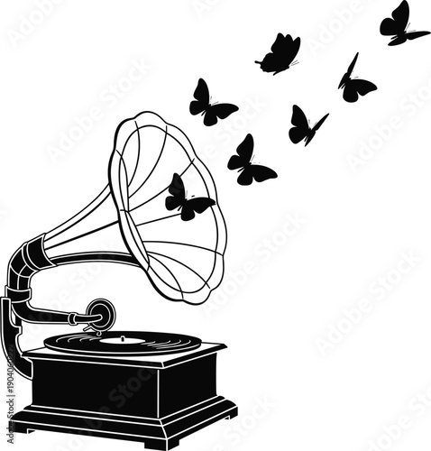 Creative black and white vector illustration of an antique gramophone playing music, with a swarm of butterflies flying out of the large horn, symbolizing freedom, nostalgia, and the magic of sound.