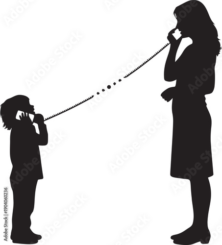 Mother and child silhouette talking on phones connected by string with bubbles transparent background