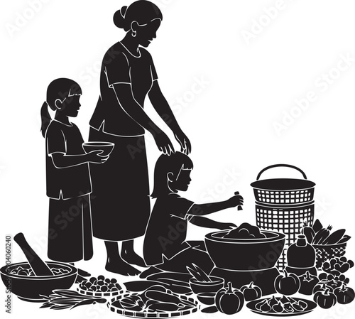 Mother and children silhouette preparing food with ingredients basket transparent background vector illustration
