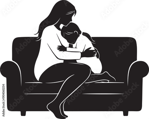 Mother hugging child silhouette on sofa transparent background vector illustration comfort embrace
