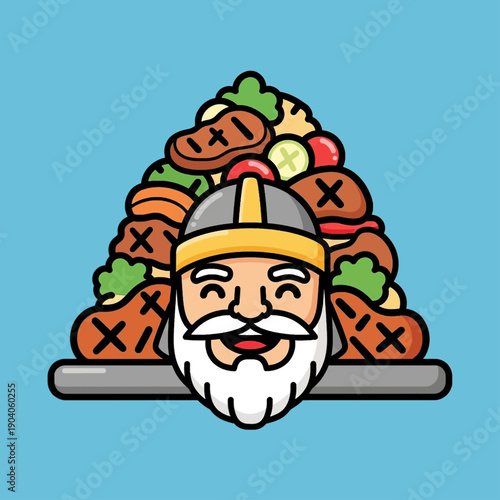 A happy cartoon Viking character with a white beard and helmet in front of a huge mountain of various grilled foods and fresh vegetables.