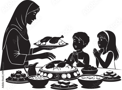 Muslim mother serving traditional dinner to children at table in silhouette style featuring woman in hijab with happy boy girl