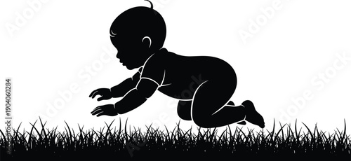 Crawling baby silhouette vector illustration, infant learning to move on grass, early childhood development milestone concept, parenting growth care design
