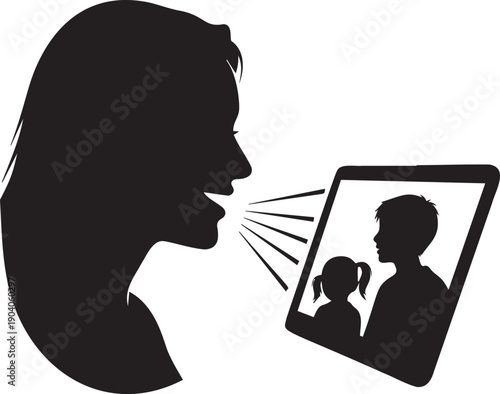 Woman silhouette talking to children via tablet video call representing digital communication and long distance family connection