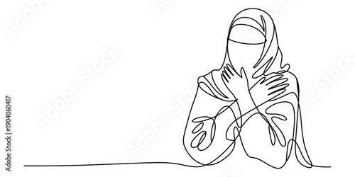 Continuous line drawing of a muslim woman wearing a niqab with arms crossed over her chest Vector, illustration