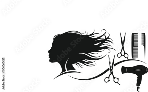 Creative hair salon vector illustration featuring a flowing hairstyle silhouette, scissors, comb, and hairdryer, professional hair styling tools, beauty studio logo design