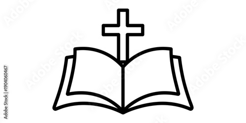 Simple black and white line art illustration of an open holy bible with a christian cross Vector, illustration