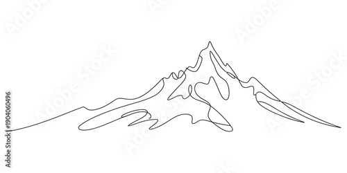 Minimalist continuous line drawing of a mountain range silhouette on a white background