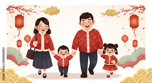Chinese New Year Family Walking Together Illustration for Greeting Card, Poster, Banner, and Holiday Promotion