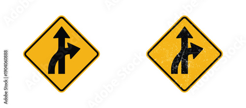 right lane merge traffic road sign clean and grunge version yellow warning symbol