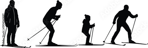 Cross country skiing silhouettes vector illustration, family winter sport activity with adults and child skiing, outdoor snow recreation concept, minimalist black design