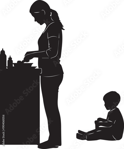 Woman preparing food at kitchen counter while child plays on floor, domestic scene vector silhouette illustration