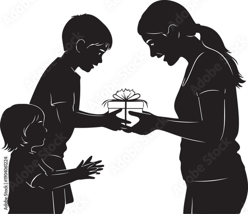 Mother receiving gift box from young son silhouette while toddler watches during special occasion celebration in domestic home