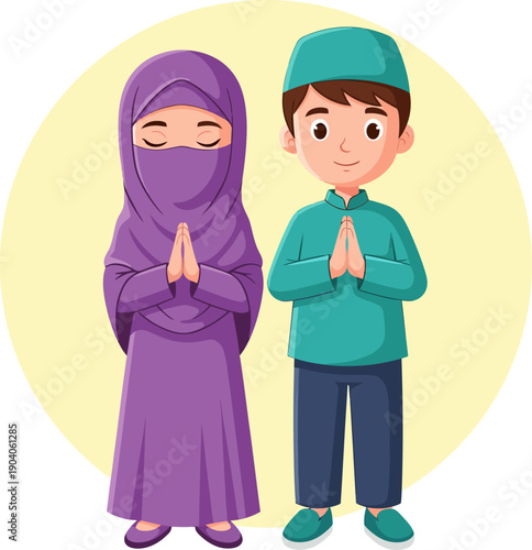 Muslim boy and girl praying together ramadan kareem.