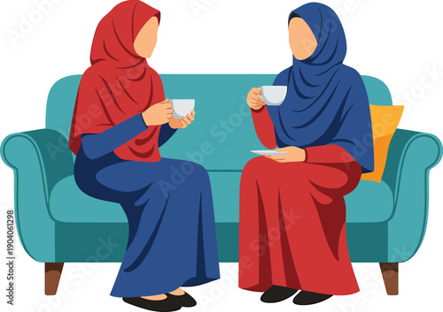 Muslim women in hijab having tea together ramadan kareem.