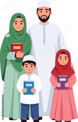 Muslim family reading Quran together ramadan kareem.