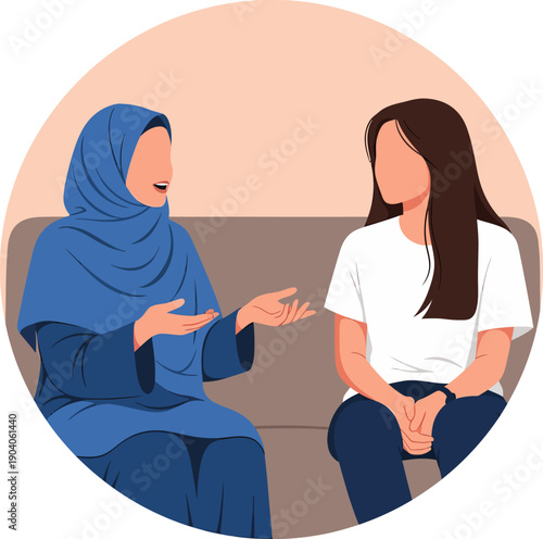 Muslim woman discussing with colleague in office ramadan kareem.