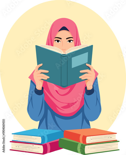 Muslim woman reading book hijab education study ramadan kareem.