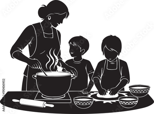 Mother and children baking together in kitchen preparing dough for pizza or bread on table