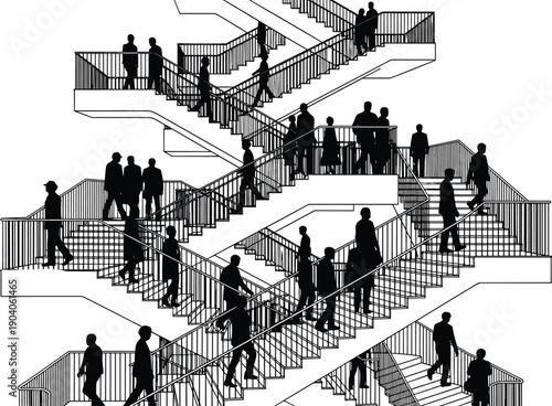 Crowd of People on Multi-Level Staircase Vector Silhouette Illustration, Individuals Moving Up and Down Complex Modern Stairs, representing Business, Commuting, and Urban Life