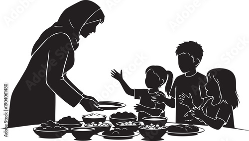 Family sharing meal at table with many dishes, mother serving food to children in warm setting