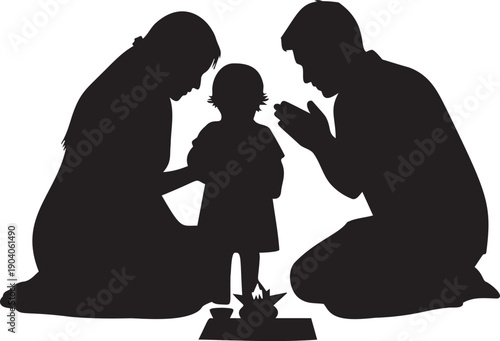 Family praying together before meal or ritual at altar with prayer hands and child