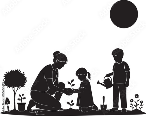 Family gardening together planting a seedling in soil with watering can and tools, outdoor activity enjoying nature