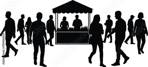 Crowd of People Walking Around a Market Stall Silhouette, Public Event Vector Illustration, Festival Food Booth, Outdoor Fair Scene, Customer and Vendor Interaction