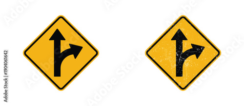right merge traffic road sign clean and grunge version yellow warning symbol