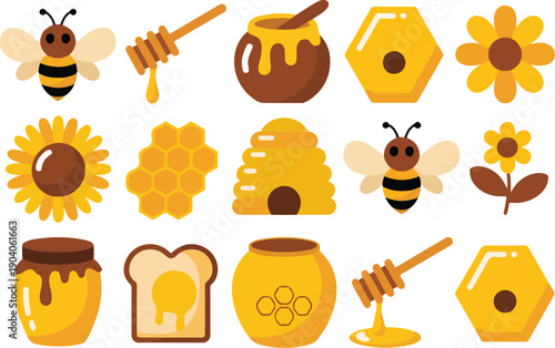 A flat, cartoon-style illustration of honey and bee-related icons arranged in two rows.