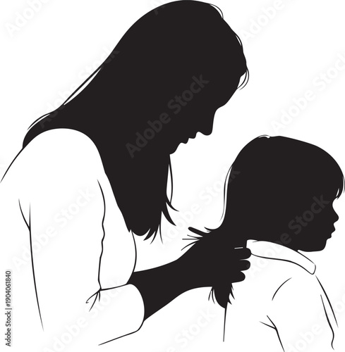 Mother combing hair of her daughter, silhouettes of woman and girl, side profile on transparency grid