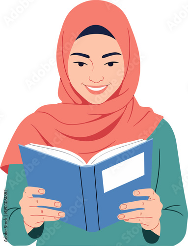 Muslim woman reading book hijab education diversity ramadan kareem.