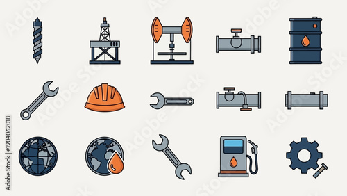 Oil and gas industry icons set with energy production, tools, and global resources.