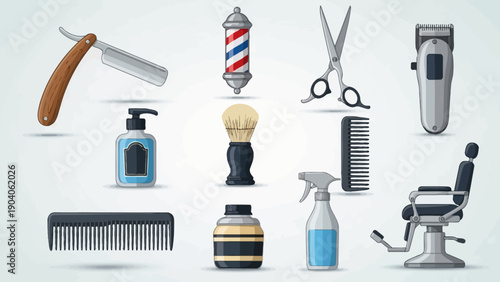 Collection of classic barber shop and hairdressing tools on a light background.