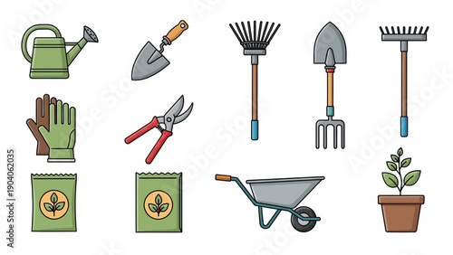 Collection of gardening tools and supplies for plant care.