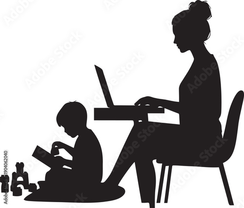 Working mother silhouette using laptop at desk while child plays with toys nearby representing work life balance and home office
