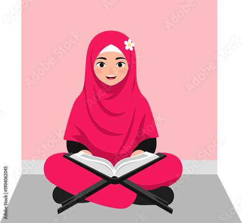 Muslim girl reading Quran Islamic girl character ramadan kareem.