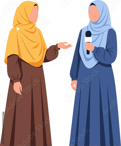 Muslim women in hijab discussing with microphone ramadan kareem.