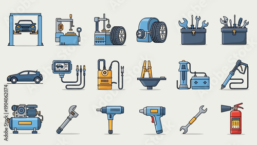 Collection of car repair and automotive service equipment icons.