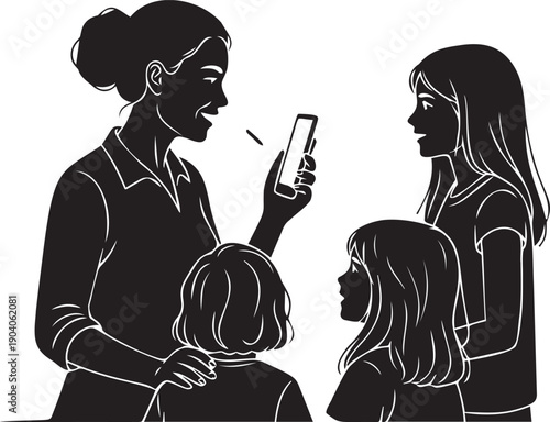 Mother showing smartphone to three children in silhouette illustration depicting screen time management and digital education art