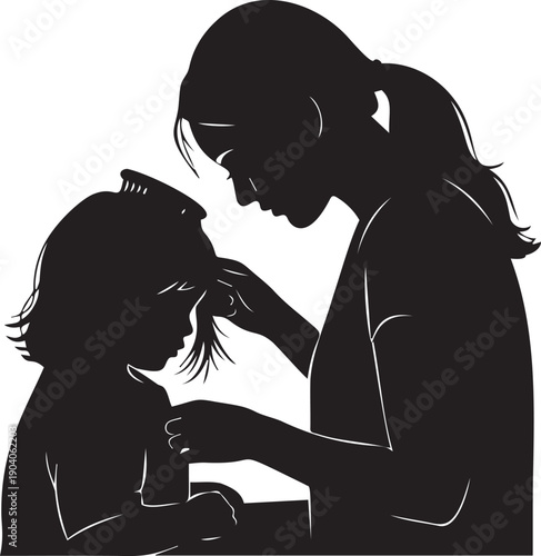 Mother tenderly combing her daughter's hair, showcasing a moment of daily care and nurturing, black silhouette vector