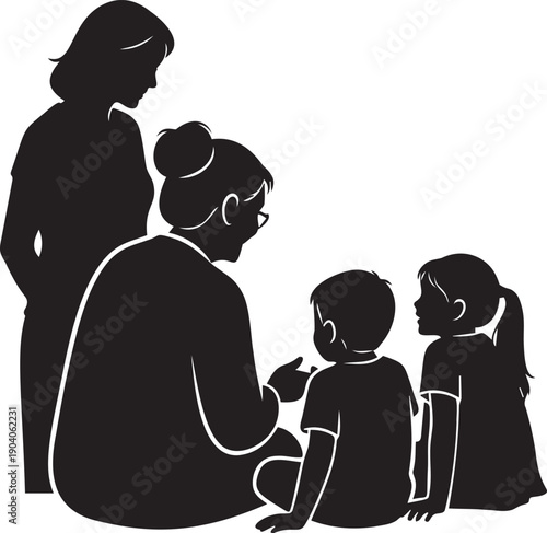 Family gathered together telling stories with grandmother and mother watching children attentively in silhouette style