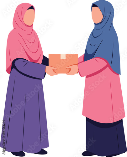 Muslim women exchanging boxes charity and gift giving ramadan kareem.