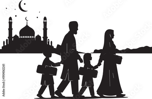Muslim family walking together holding hands with children, carrying gifts near mosque and crescent moon during evening