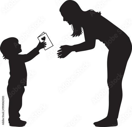 Little child giving heart-themed card to mother, illustrating love, appreciation, and special bond between them