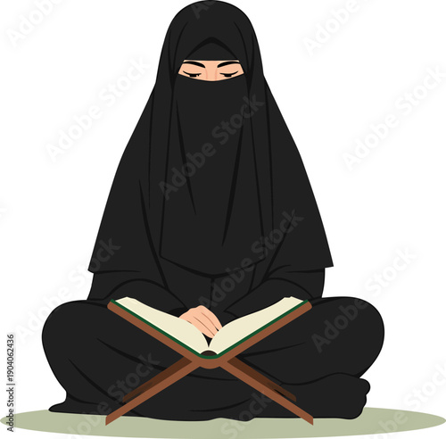 Muslim woman reading Quran in niqab ramadan kareem.