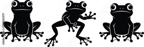 Cute black frog silhouettes set, isolated vector illustration of funny amphibian toads, cartoon animal characters, flat design icons for logo graphic elements collection
