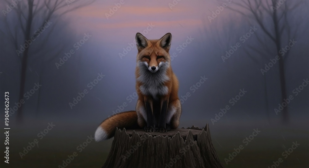 Naklejka premium An elegant red fox sits serenely on a tree stump in a misty forest at dusk