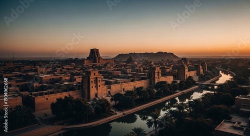 Wallpaper Mural Aerial view of an ancient city at sunset, with walls, buildings, and a river Torontodigital.ca